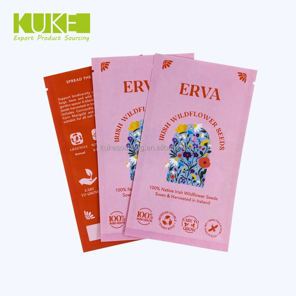Customized Printed Kraft Paper Three Side Sealed Sachet Biodegradable Compostable Seed Tea Packaging Bag