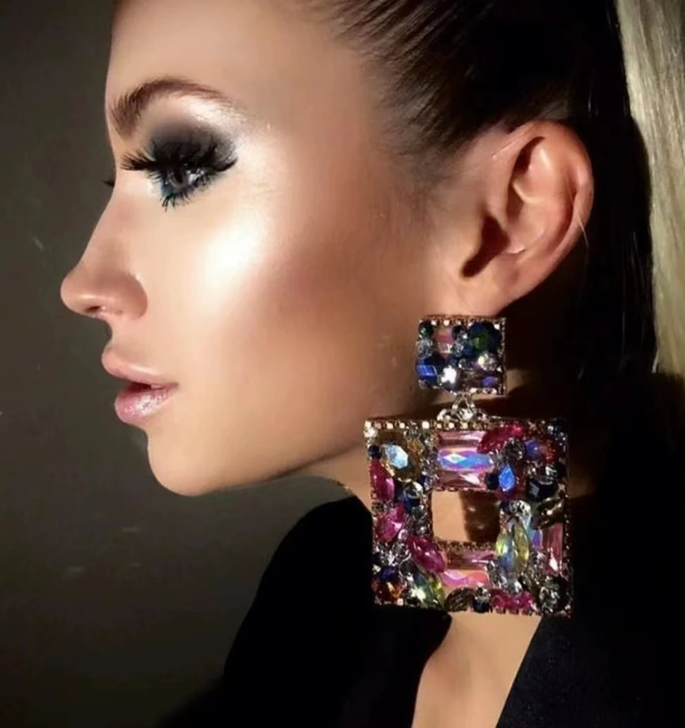 luxury Full Colorful Rhinestone Earrings Chandelier Diamond Fashionable Women Party Wedding Jewelry Square Dangle Earring