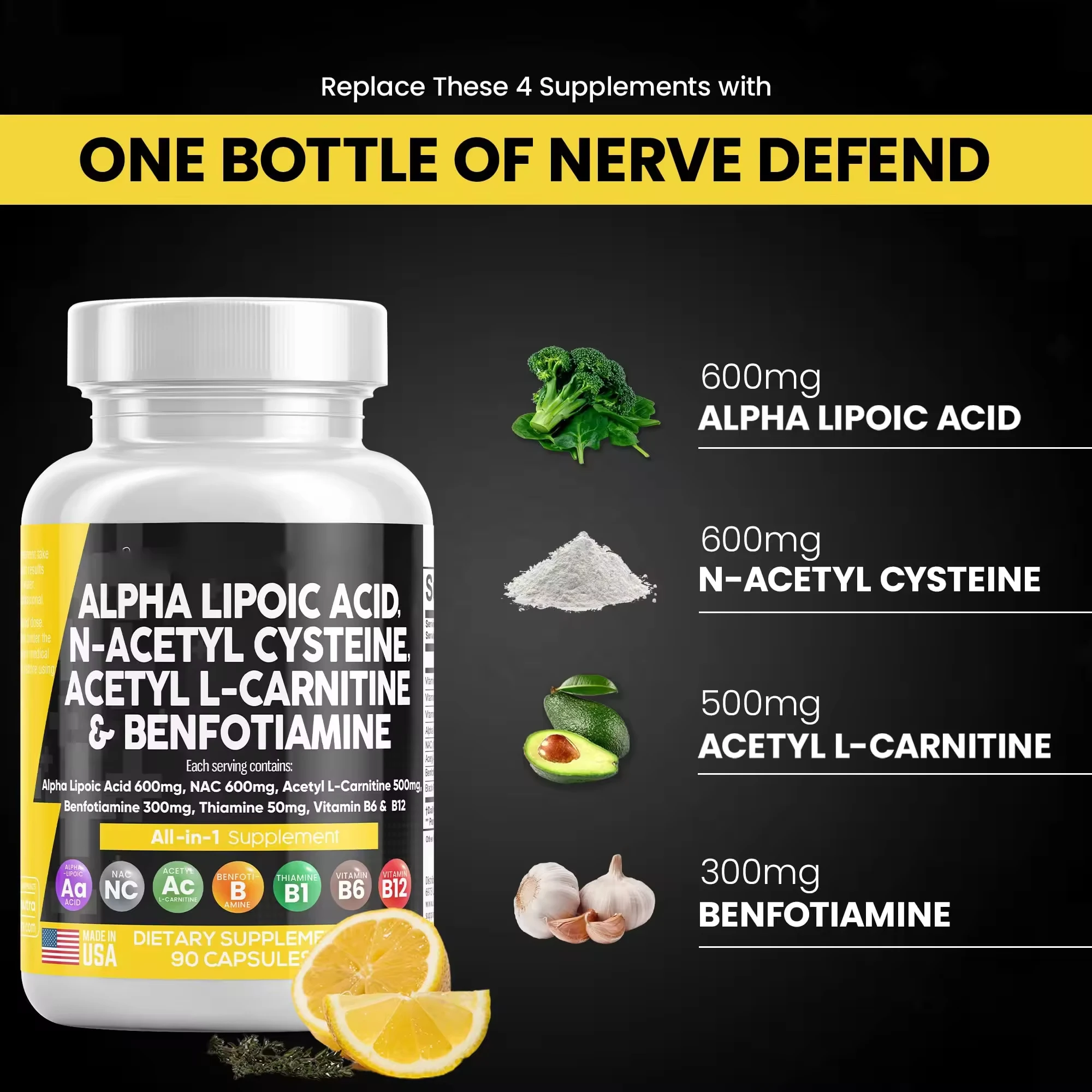 Alpha Lipoic Acid Capsules Acetyl L-Carnitine Benfotiamine with Vitamin B1 B6 B12 Natural Alpha Liopic Acid Powerful Antioxidant
