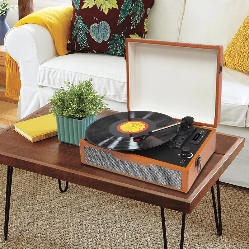 Wooden PU Leather Oem Logo Suitcase 3 Speed Gramophone Cd Player Wireless Bluetooth Portable Retro Vinyl Turntable Record Player