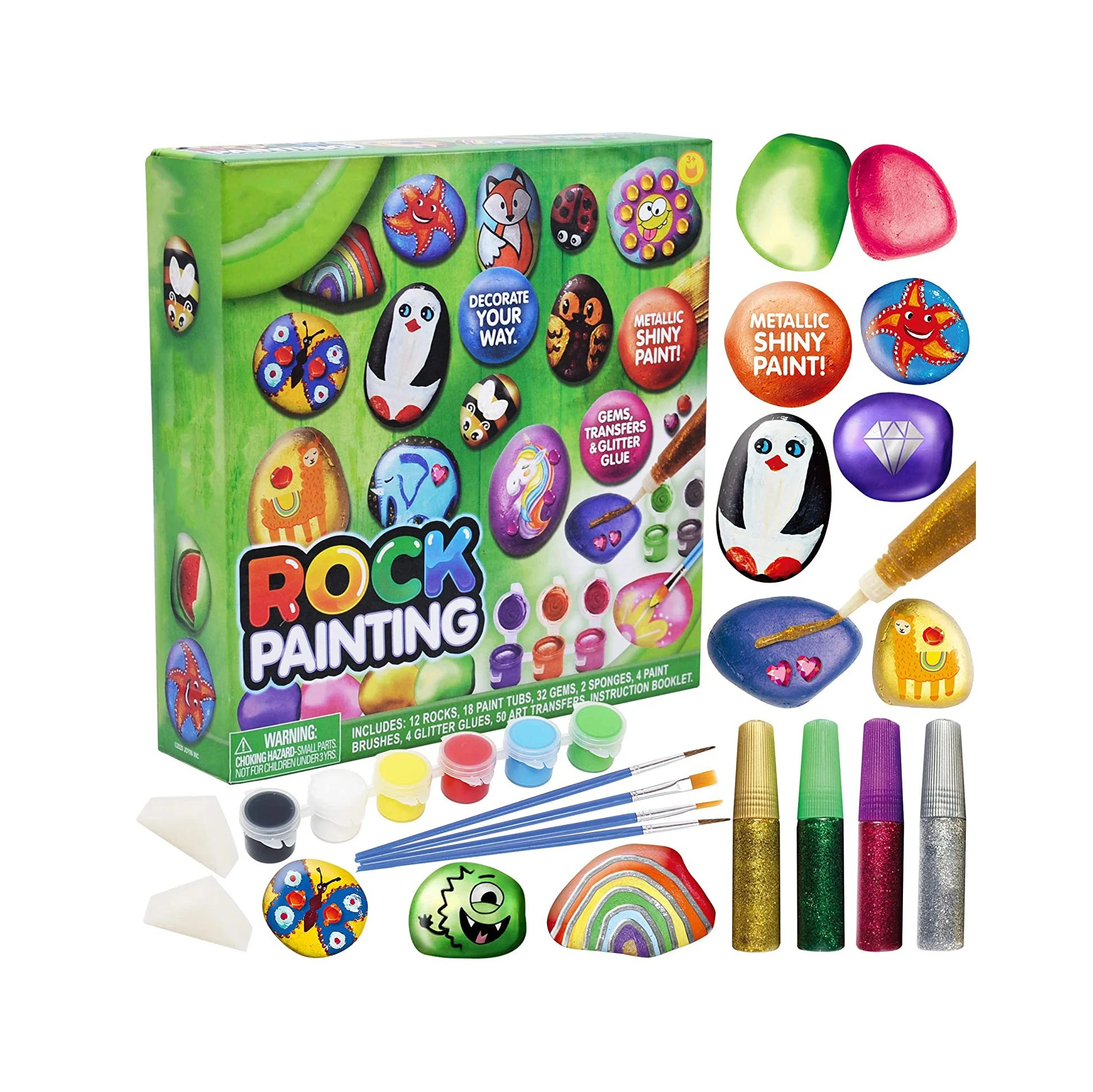 12rock painting kit for kids rock and play with 18 Paints(Metallic Paints, Stickers, Glitter Glue) for stone painting kids