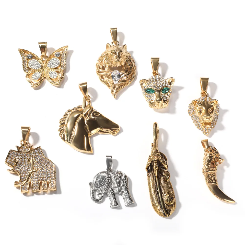 Bulk Wholesale Mix 18K Gold Plated Elephant Butterfly Lion Horse Leopard Head Animal Pendant Designs Jewelry For Men