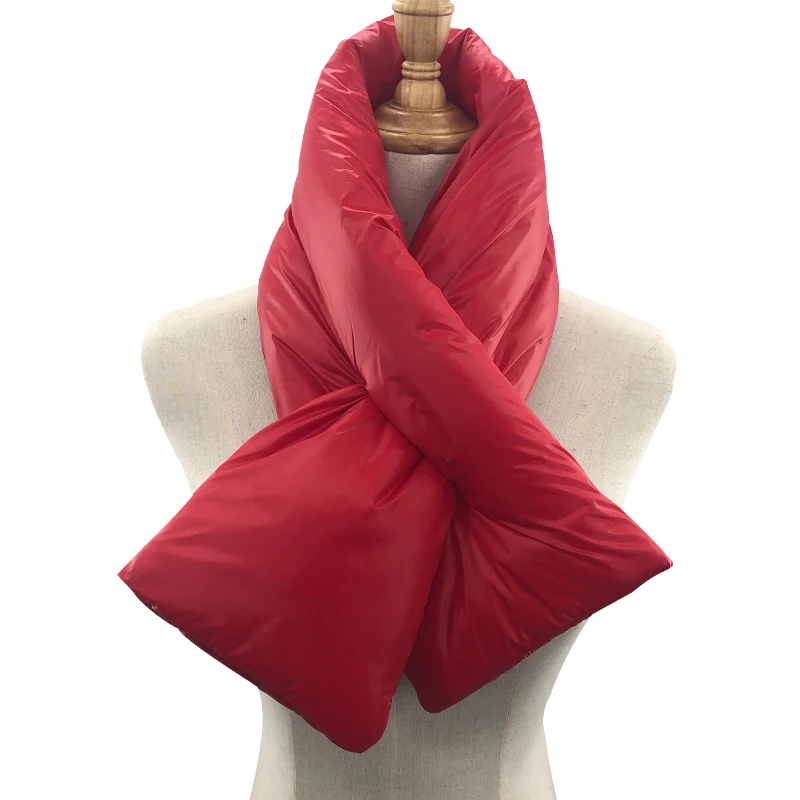 
Wholesale space cotton winter warm scarf inside down feather filled one-tone bright color scarf intersect puffer loop scarf 