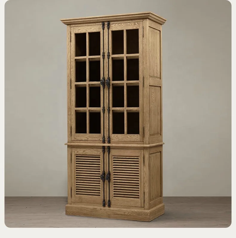 American Rural RH Solid Wood Vintage Restaurant Tableware Cabinet Glass Door Porcelain Cabinet