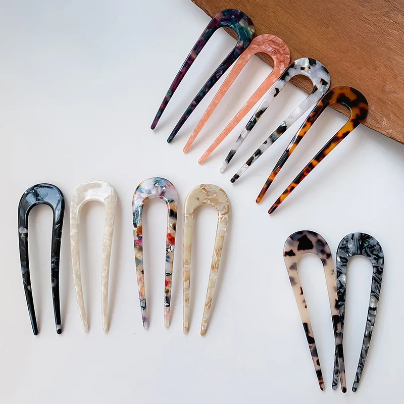 Cellulose Acetate Tortoise Shell U Shaped Designer French Hairpins Vintage Leopard Tortoiseshell Acetate Hair Stick Fork
