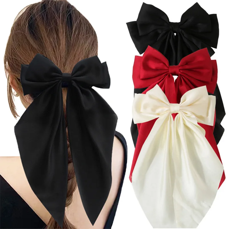 3pcs/bag Solid Color Streamers Hair Bow Large Stain Hairpin Women Luxury Ponytail Hair Ties Accessories Scrunchies Bowknot Clips
