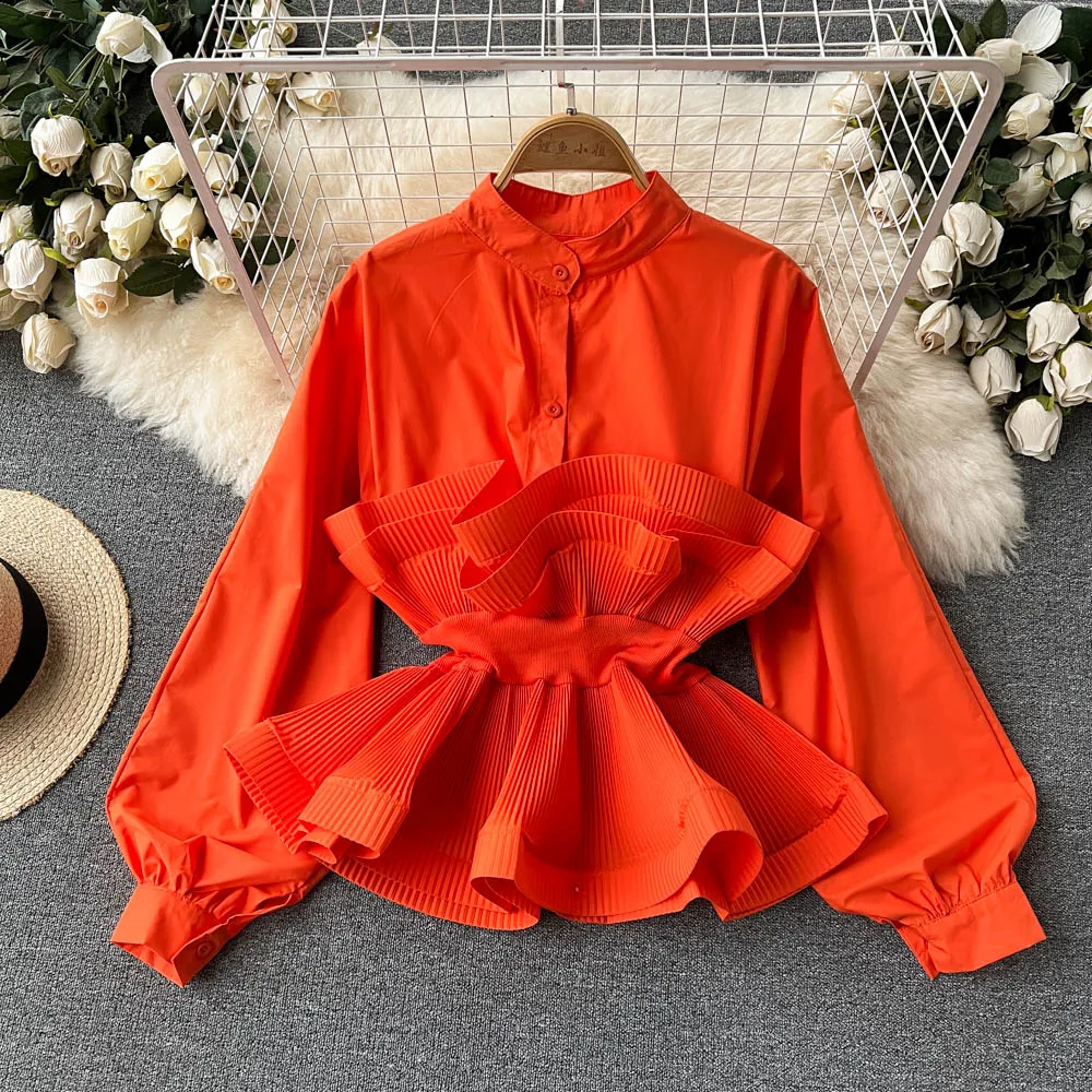 Customized spring long sleeved shirt women three-dimensional pleated ruffle edge waistband top women
