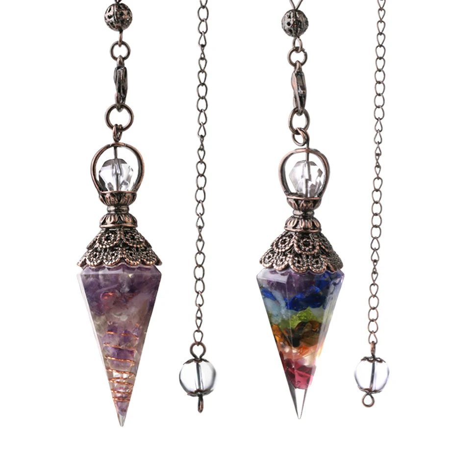 Natural Crystal Pendulums Pendant Resin Spring Hexagon Cone Pendant Bronze Natural Gravel Pendant