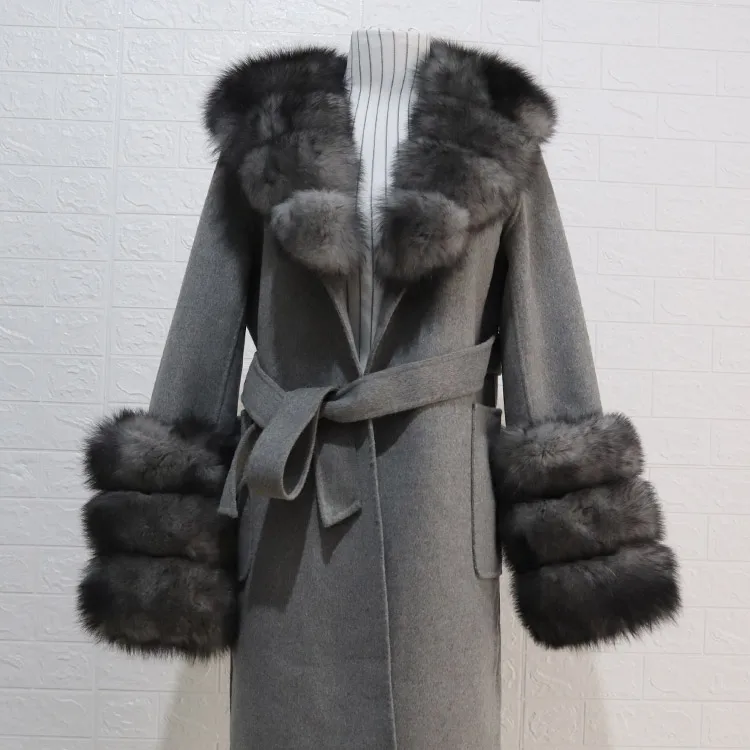 new fashion cashmere coat with fox fur collar women fur cuff wool coat with belt