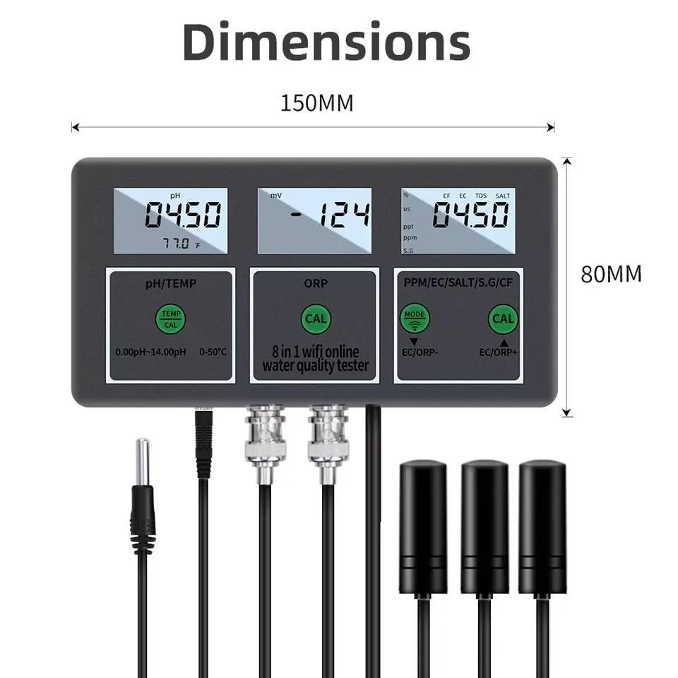 Wifi Water Quality Monitor 8 in 1 Digital Water Analyzer PH EC TDS ORP SALT S.G CF Temperature APP Remote Online Monitor