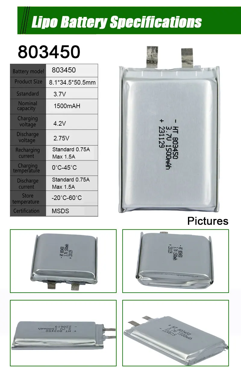 Factory Price Lipo Battery 803450 3.7V 1500mah Rechargeable Lithium polymer battery For Digital Product