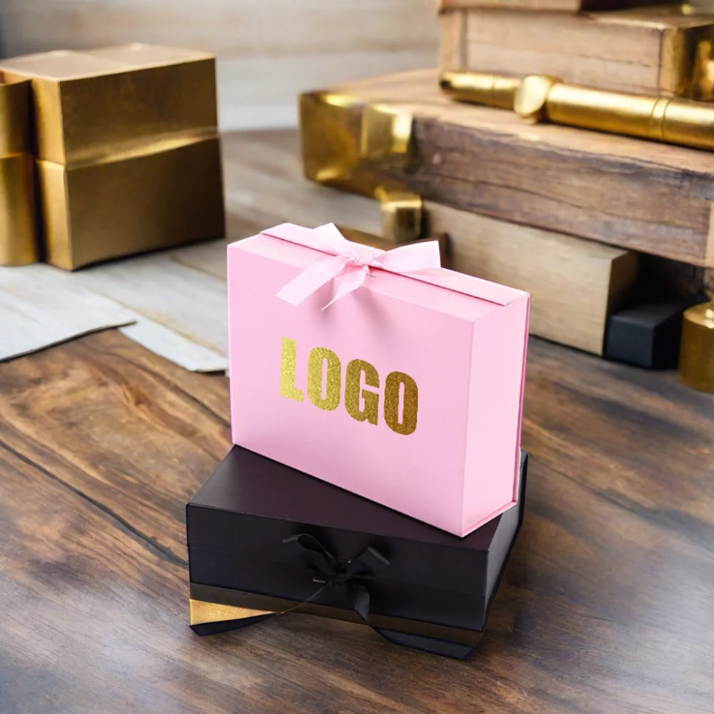 Luxury Cute Birthday Snack Foldable Magnetic Cosmetic Cover Gift Box Custom Logo with Packaging Featuring Ribbon