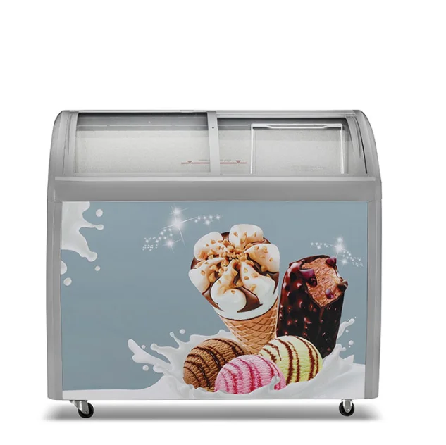 HIC display ice cream fridge commercial curved sliding glass door chest freezer