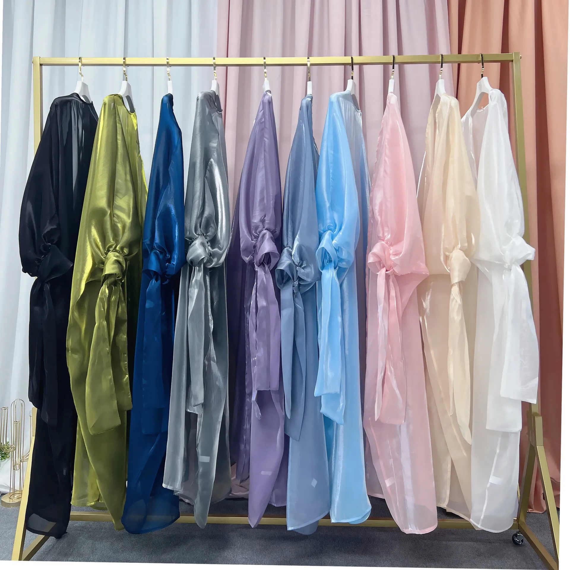 Xuerry Summer puff sleeve  Eid Muslim women hijab dress prayer garment Satin Abaya long Khimar Ramadan gown Islamic clothing