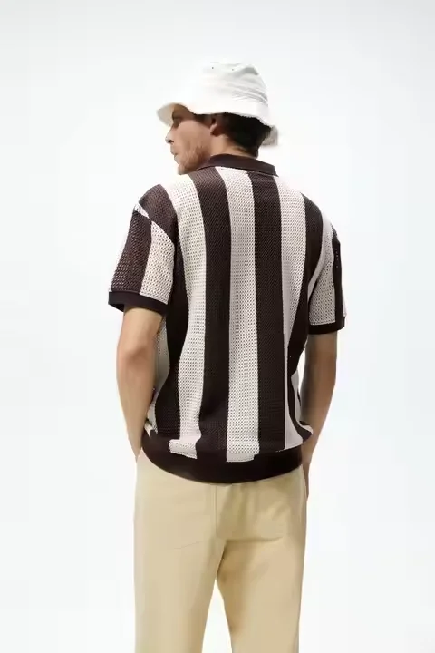 OEM Manufacturer Custom Striped Loose Mesh Jacquard Cutout Crochet Sweater Pullover Short Sleeve  Knit Crochet Shirt Men