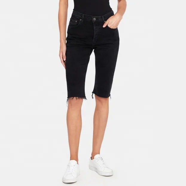 Высокое качество Черный Оптовая Продажа для женщин миди джинсовые шорты с бахромой подол