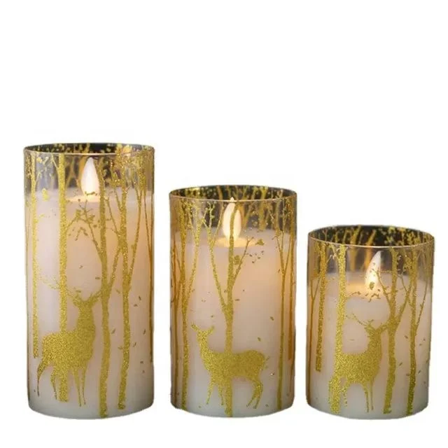 Battery Operated Fashionable Deer Sticker Plastic Cup Cylindrical Flameless LED Electronic Flashing Paraffin Wax Candle