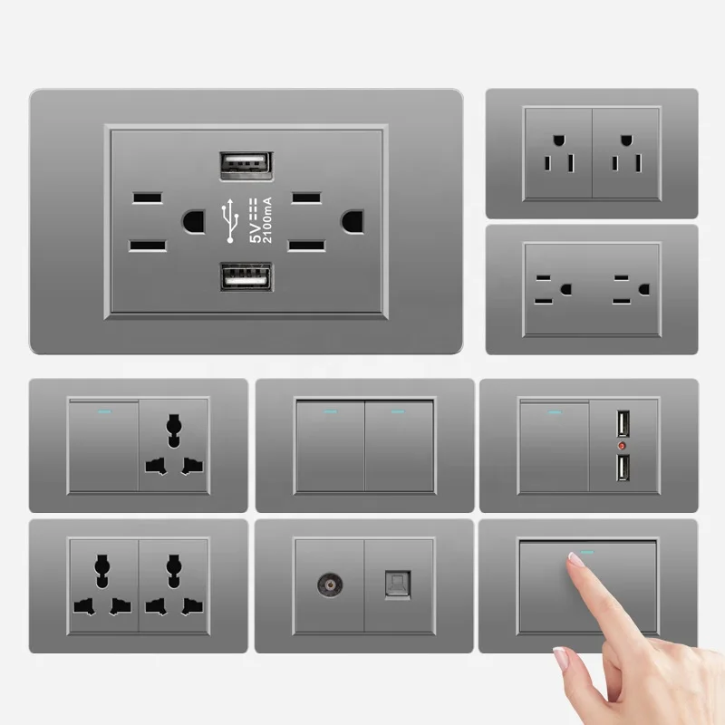 US Standard Thailand Vietnam PC Grey 118 Type 16A Wall Switches Sockets Electrical Switch and Sockets USB Type C