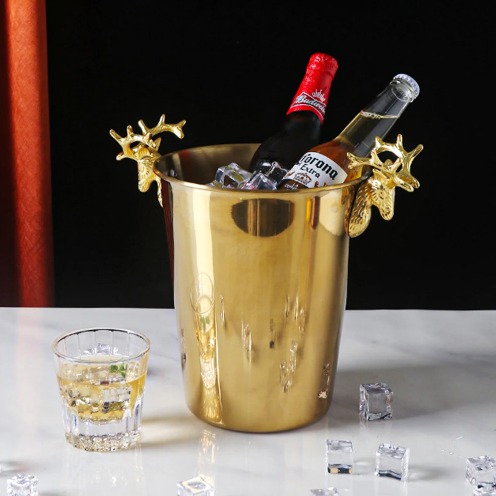 Luxury Elk Stainless Steel Ice Bucket Antler Handle Champagne Cooler Beverage Tub Bar Decoration Insulated Beer Chiller Bucket
