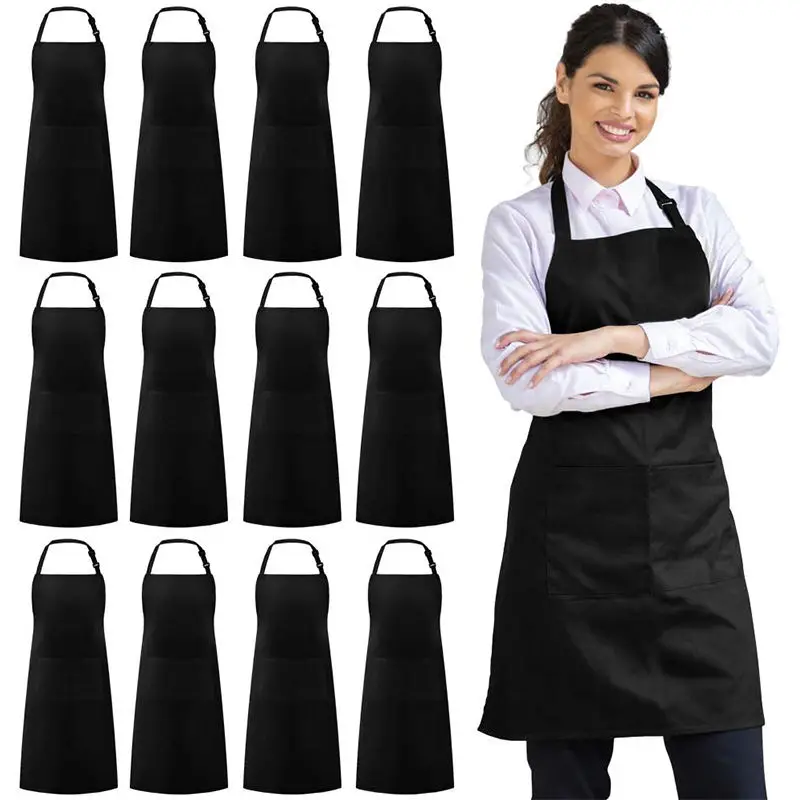 Hot Sale Waterproof Oil Proof Custom Apron Black BBQ Kitchen Apron with Pockets