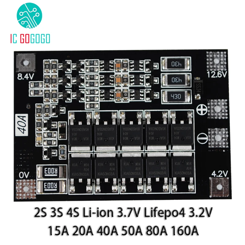 2S 3S 4S Li-ion 3.7V Lifepo4 3.2V 18650 Lithium Battery Protection Board Balance 15A 20A 50A 80A 160A BMS drill lamp motor start
