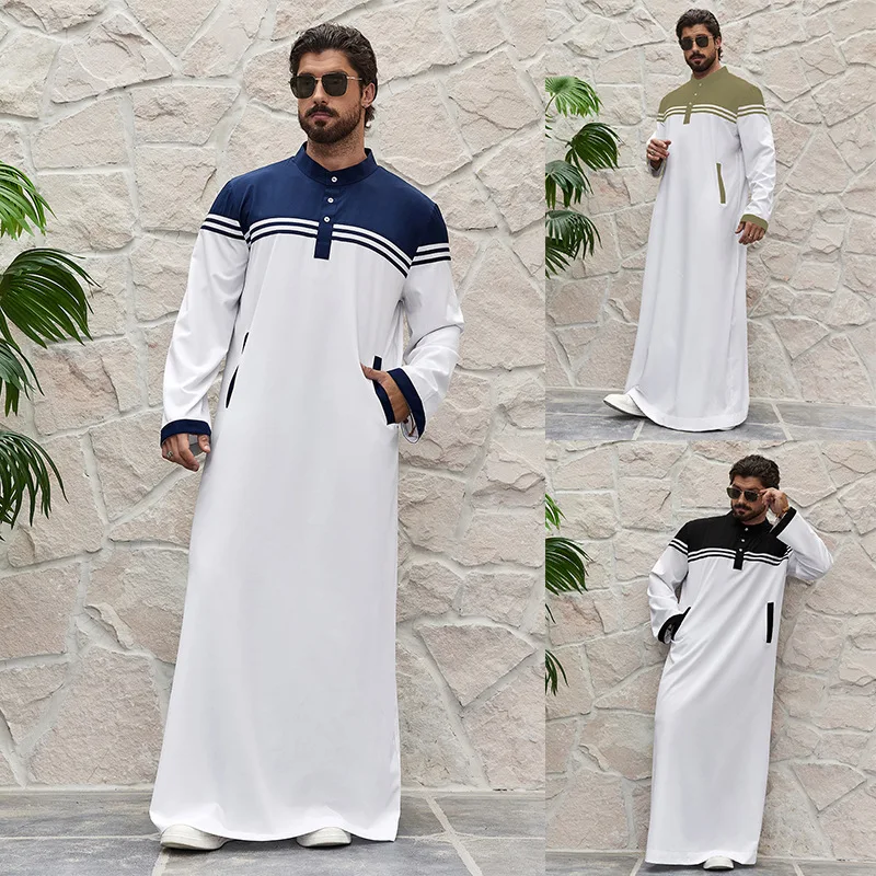 Middle east dubai turkish muslim preppy style men contrast color patch work shirt robe thobe