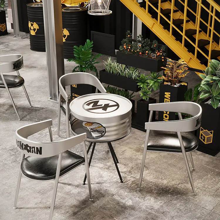 restaurant Furniture Table And Chair Combination Oil Barrel Seat Iron Industrial Retro cafe restaurant table and chairs  Set