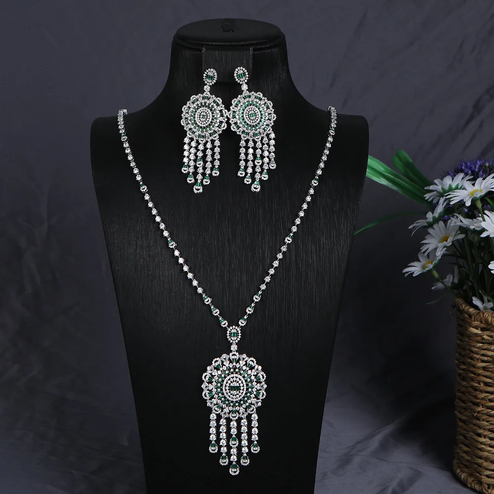 Necklace Long Tassel Pendant Mirco Paved Zirconia Necklace Earring Jewelry Set For Middle East Market