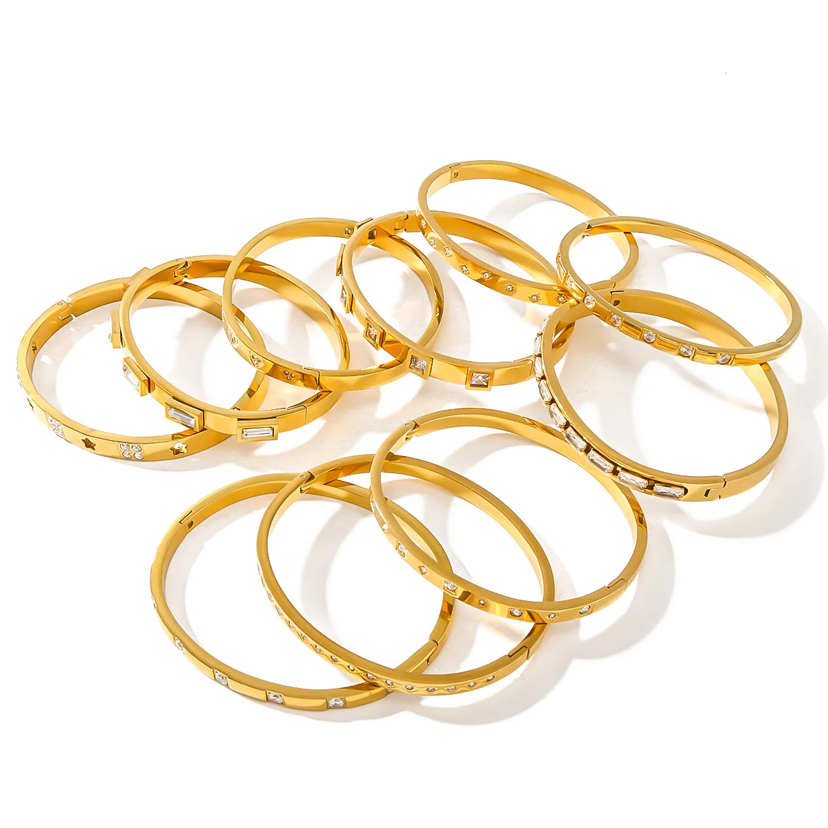 Chunky Waterproof Stainless Steel Green Zircon Cuff Bangle Bracelet 18k PVD Gold Plated Wide Cubic Zirconia CZ Bangle Bracelet