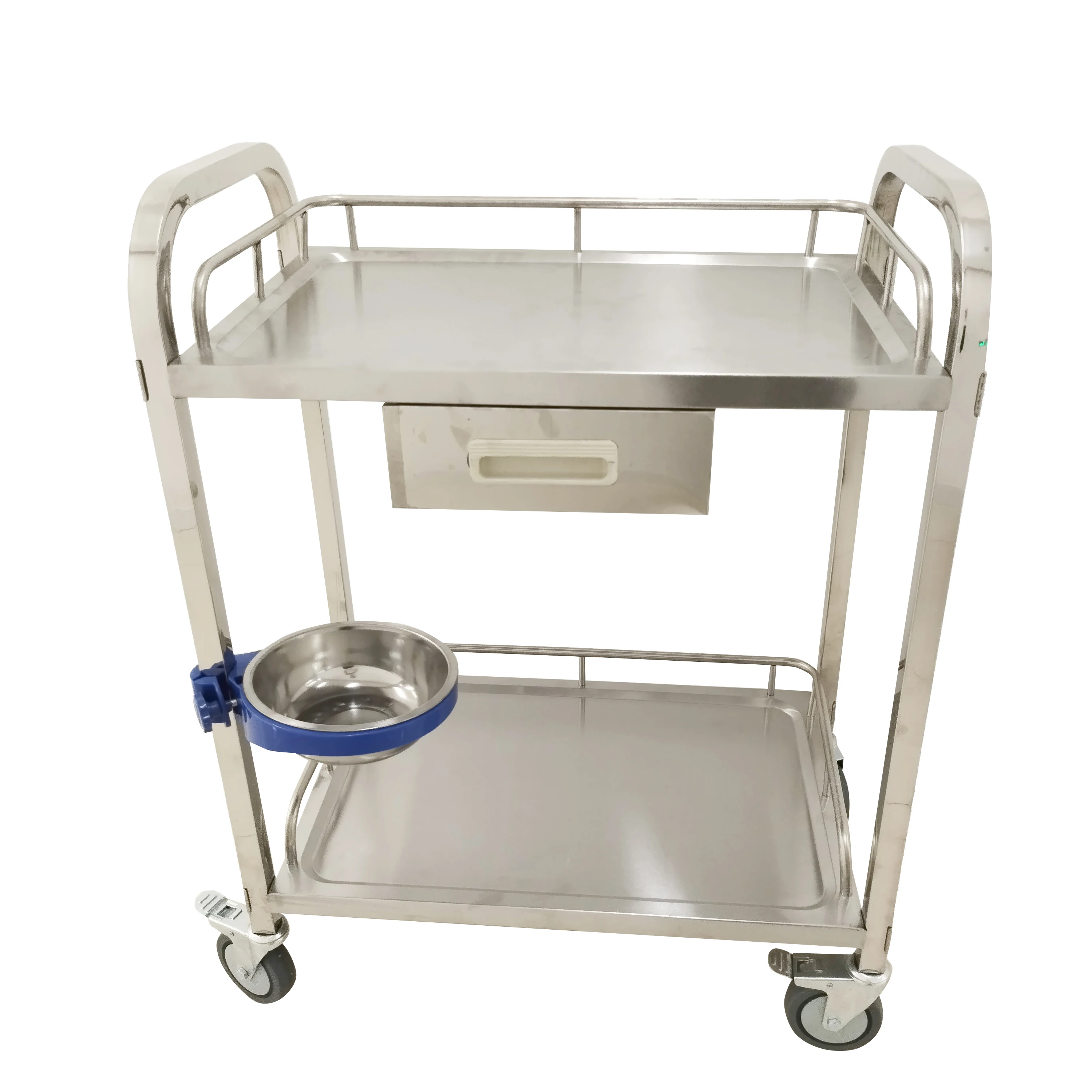 Multifunctional Medical 2 Layer Medicine Nursing Cart Placement Medication Mobile Stainless Steel Dressing Trolley With 4 Wheels