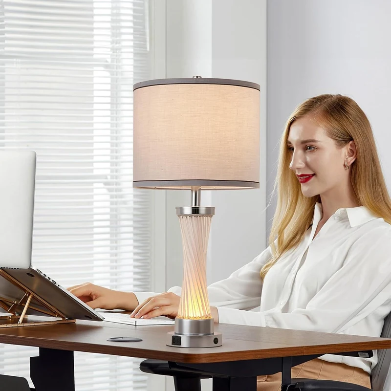 Modern Crystal Table Lamp 2-Piece Set 3-Way Dimmable Touch Control USB A+C Port Fabric Lampshade Bedroom Living Room Bedside