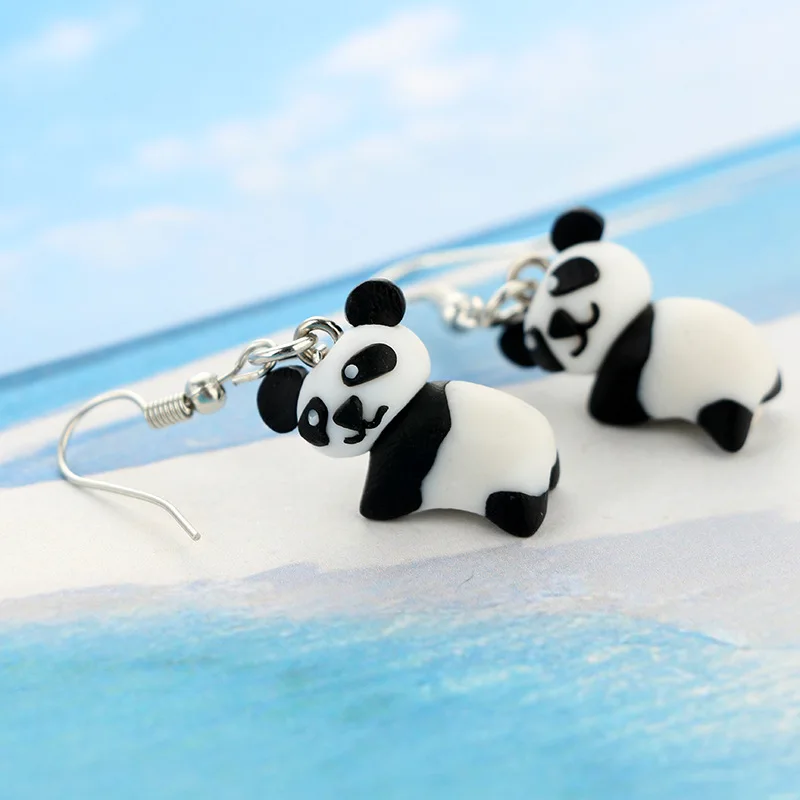 Chinese style Cute polymer clay panda earrings handmade soft pottery terracotta animal pendant earrings  for female