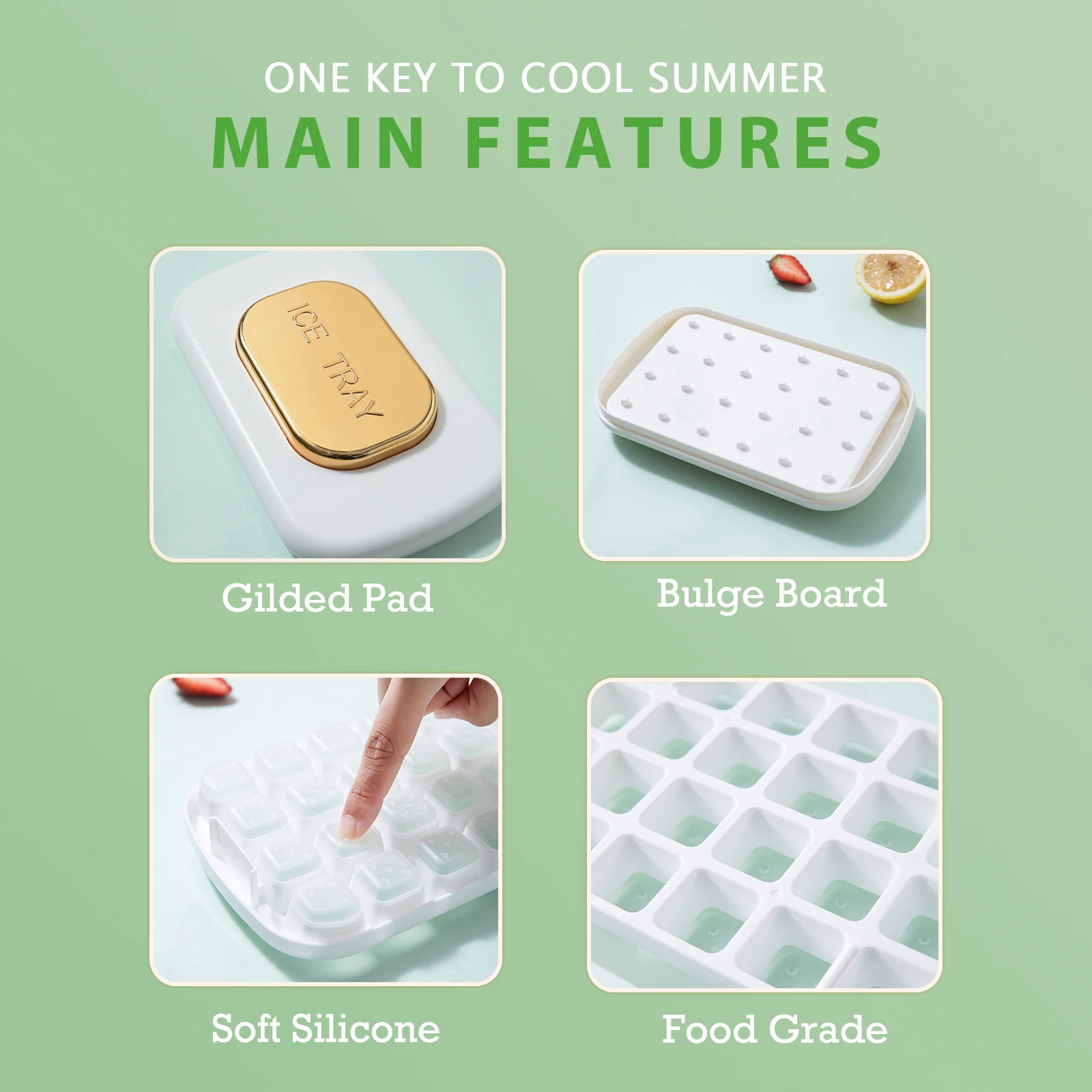 Silicone Ice Cube Tray for Freezer with Lid and Bin 24 Nugget Ice Tray Box Storage Container with Cover Scoop Stackable