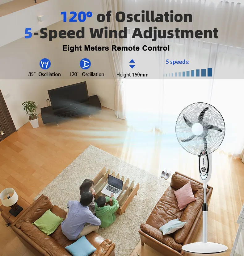 16 inch air cooling stand rechargeable fan with led light AC/DC function and rechargeable fan with lithium battery  solar fan