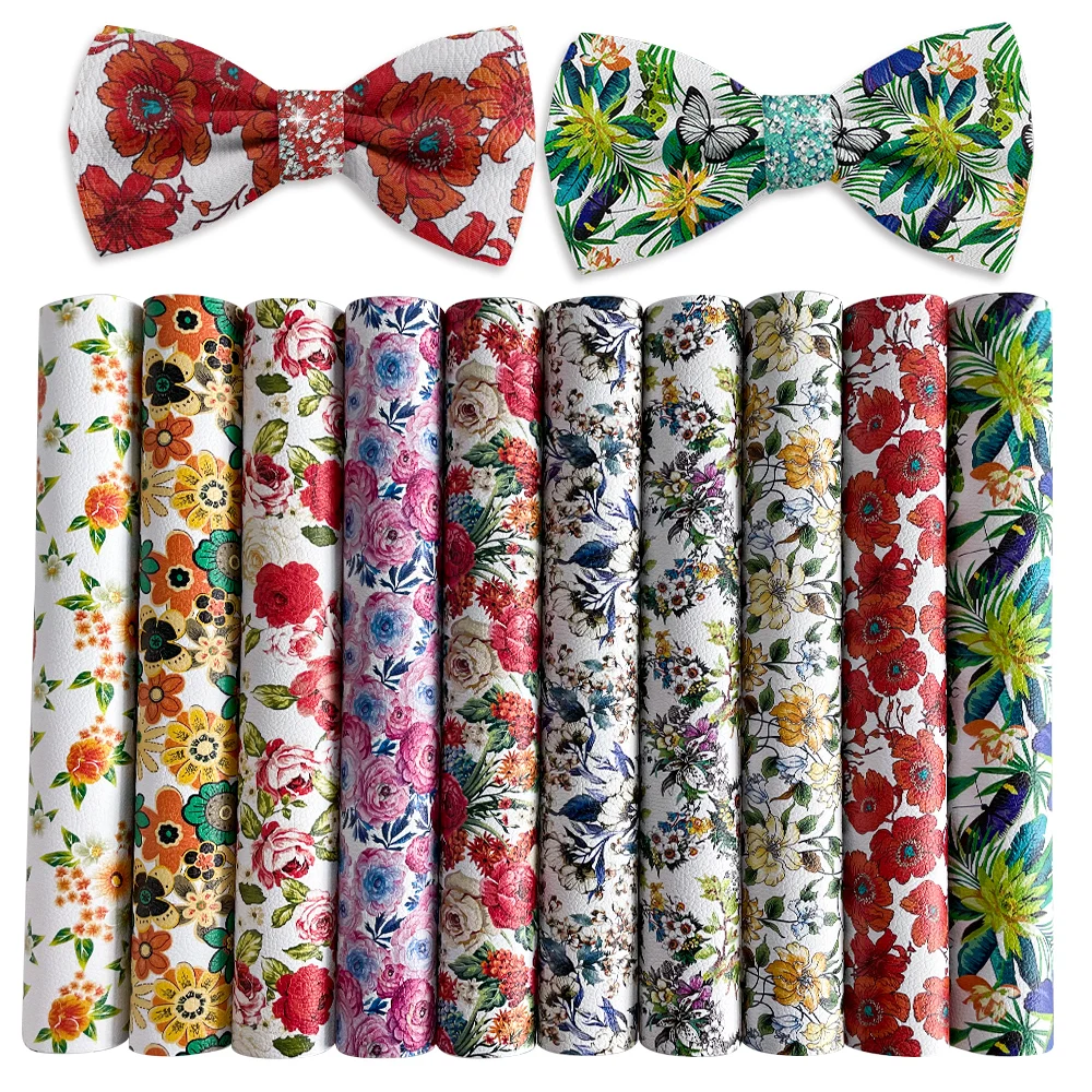Customizable Leatherette Fabric Flowers Prints Grain PU Artificial Faux Leather Textured Polyester Fabric For Bows/DIY Crafts