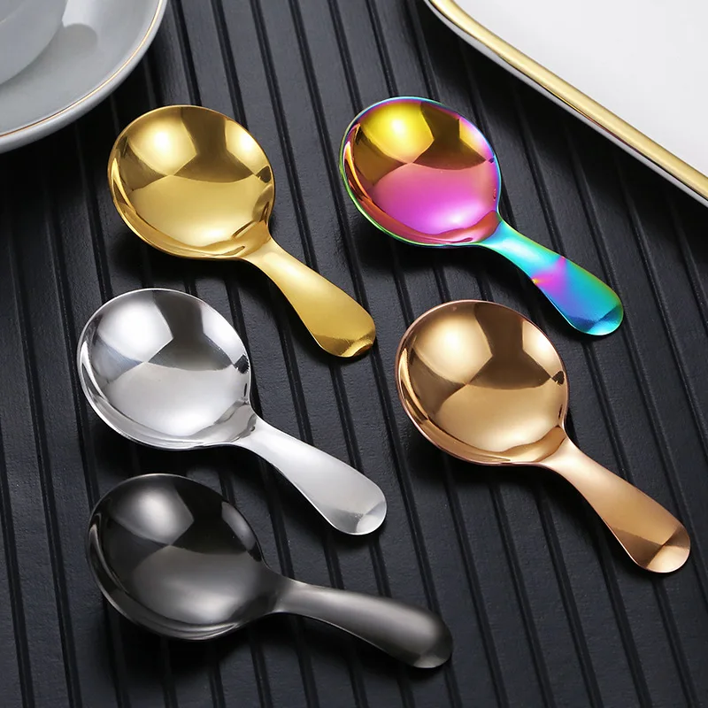 Mini Cute 304 Stainless Steel Spice Spoon Baby Round Dessert Spoon Short Handle Tea Coffee Scoop