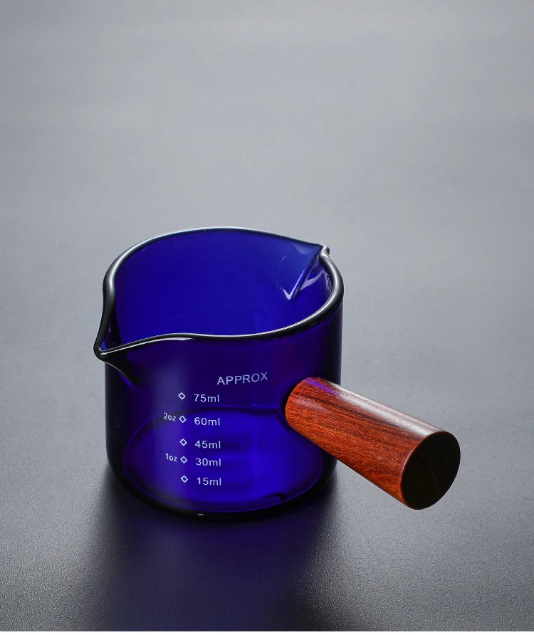 Measuring Shot Glasses Double Spouts Espresso Liquor Glass Cups Clear Round Beakers with Wooden Handle for Milk Coffee Tea