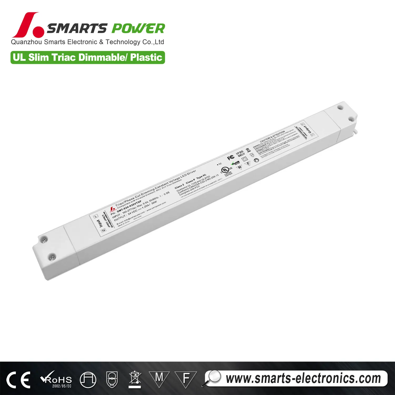 Smarts Phase Cut dimmable constant voltage 277Vac led driver 30w for strip light slim size LED power supply 12Vdc 24Vdc