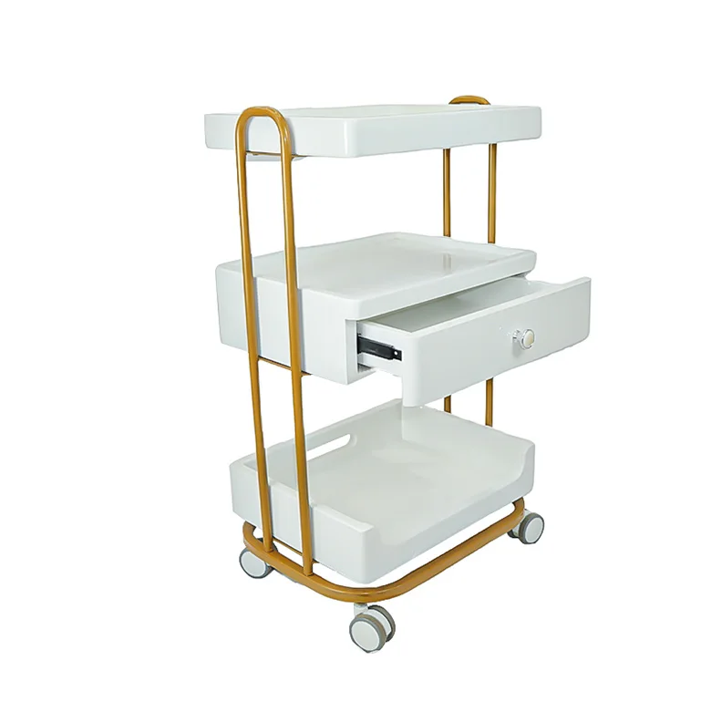 High quality Barber Sop Furniture Stainless Steel Styling Salon Tool Beauty Hair Salon Side Trolley with wheels and Drawers