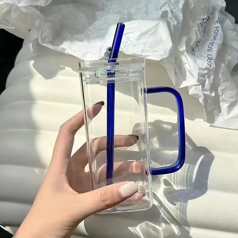 Square glass bottle with handle household high-value straw glass bottle female heat-resistant flat-bottomed heatable bottle