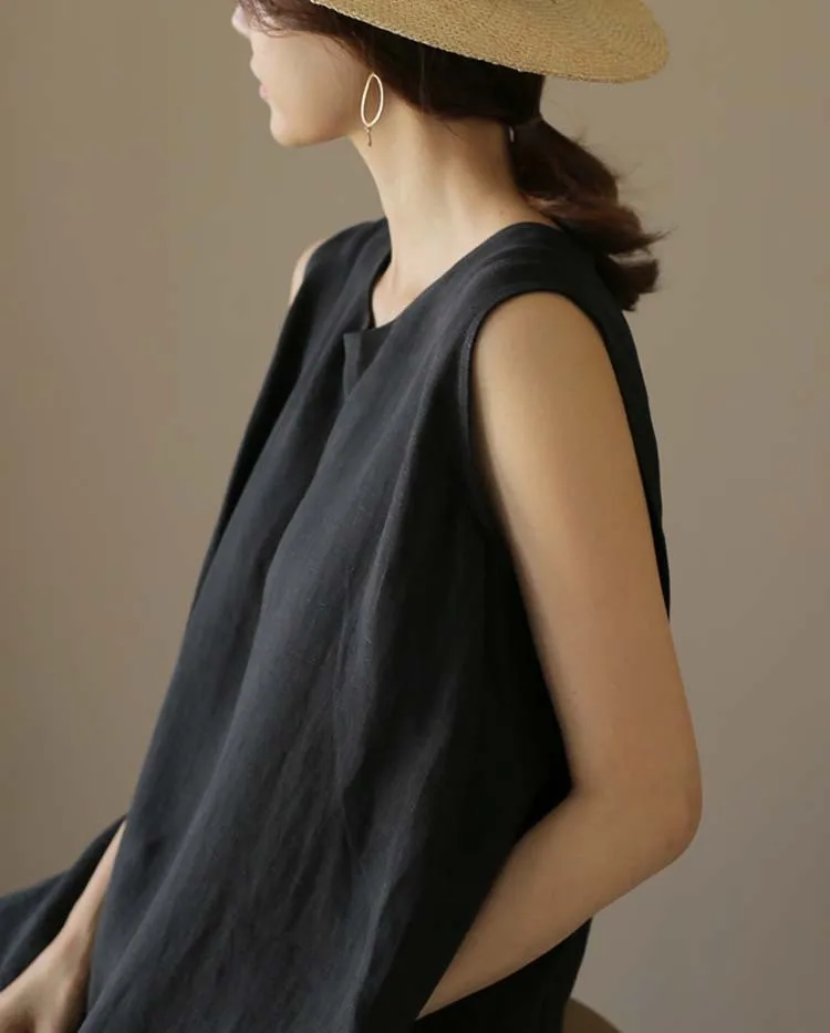 2024 New Summer Linen Dress Women Casual Long Loose Plus Size Sleeveless Round Neck Dresses Clothing Woman Natural Adults