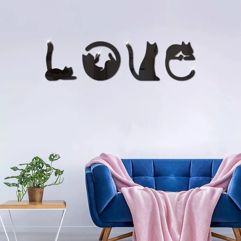 Acrylic wall sticker cat LOVE living room bedroom wall creative self-pasting background wall decoration
