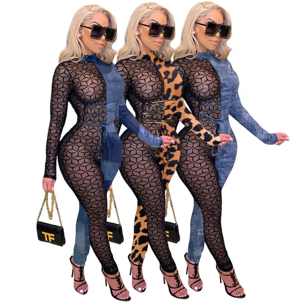 2021 сексуальный комбинезон для девочек, Клубные сетчатые комбинезоны, лоскутный слитный комбинезон с длинным рукавом и женские комбинезоны