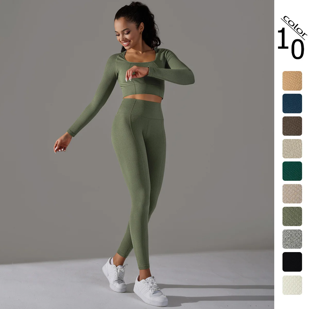 2 Piece Yoga Active Wear Seamless Long Sleeve Crop Tops square Neck High Waist Elastic Stretch Hemp Jacquard Ribbed Leggings