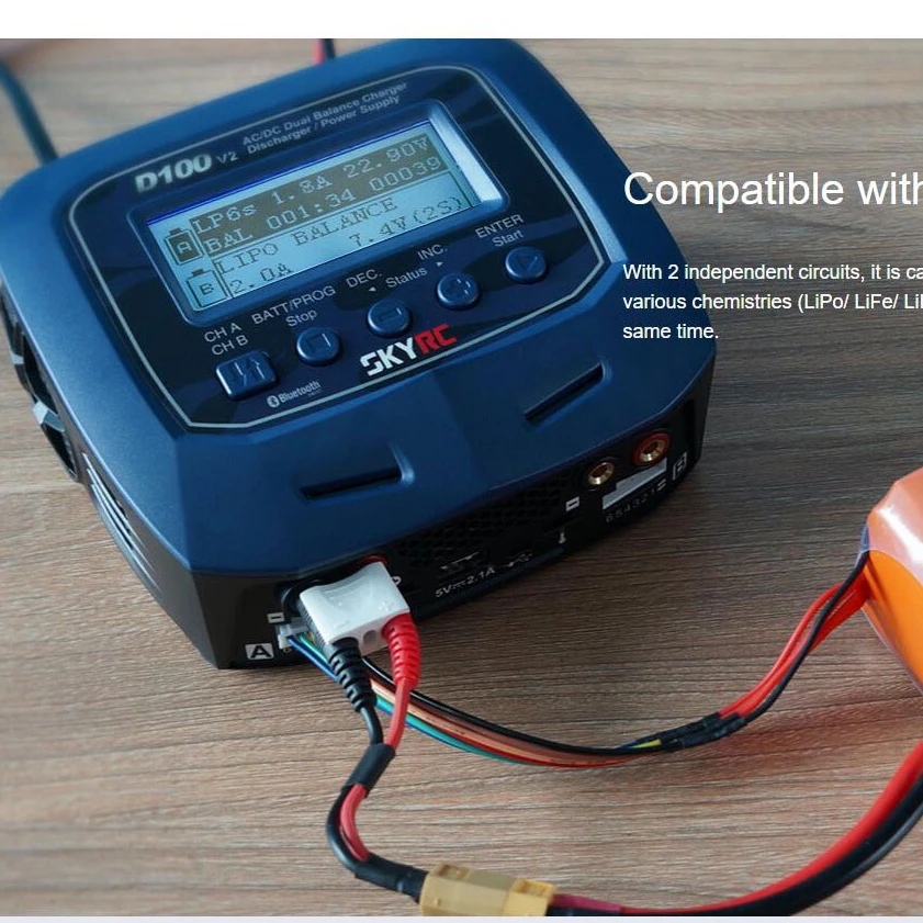 SKYRC D100V2 AC DC Lipo Battery Balance Charger 1S-6S Dual 100W DC Power Supply for LiPo/Life/LiIon/LiHV/NiMH/NiCd/Pb RC Charger