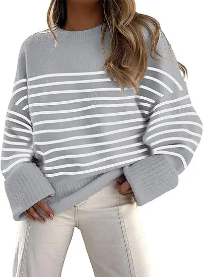 2024 OEM ODM Hot Sale Wholesale Manufacturer Stripe Baggy Sweater Women Pullover  Autumn Winter Loose Knitted Tops