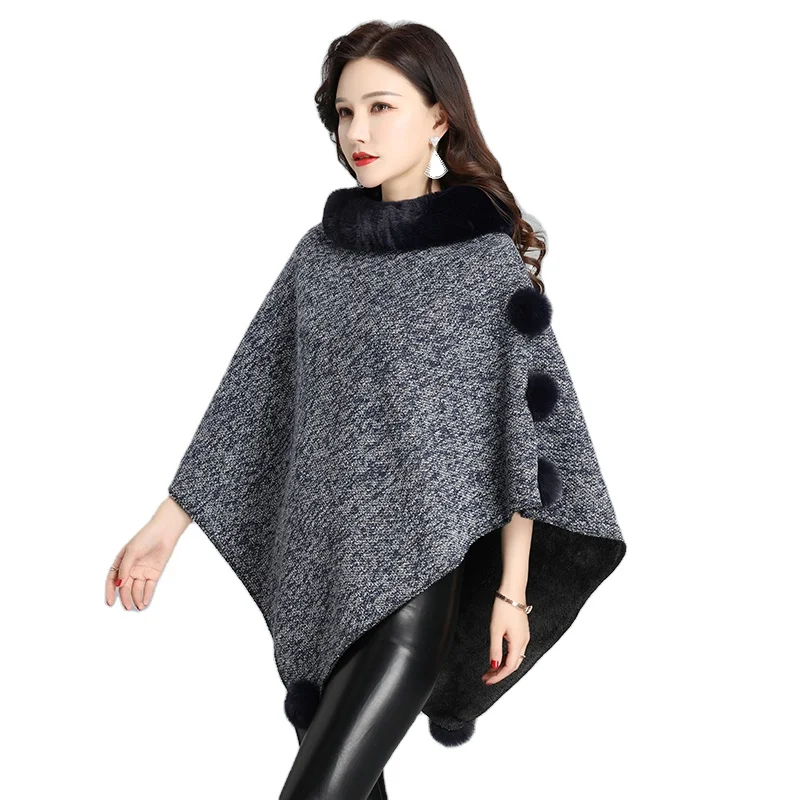 Wholesale 2022 latest ladies faux fur sweater cape high quality winter warm plain women fur poncho