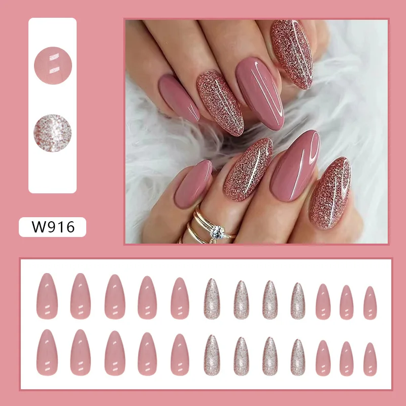 Solid Bean Paste Red Almond Nail Blast Shining Sheet  Press  On Nail  Artificial False Nail Tips ABS 24PCS Wholesale