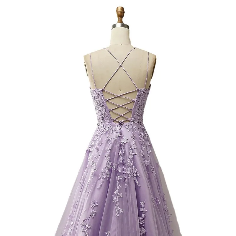 Romantic Long Applique Lace A Line Cross Backless Tulle Wedding Party Dress Spaghetti Strap Lilac Bridesmaid Dress