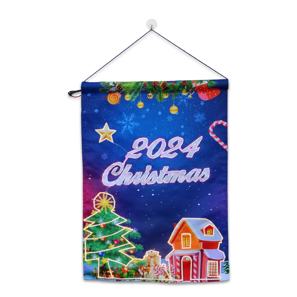 Promotional Double Sided Polyester Banner LED Lighting Banner  Garden Flag Light Christmas Banners For Winter Yard Decorations
